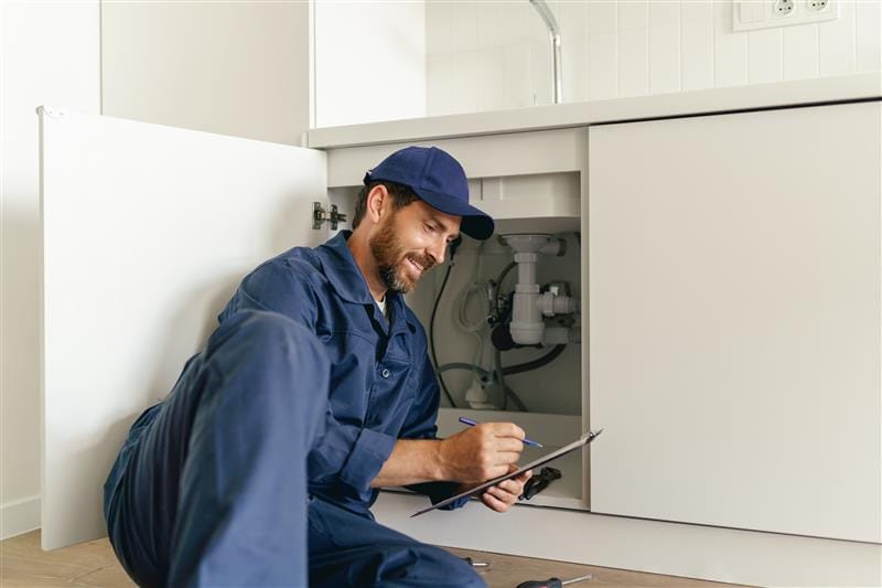 Residential plumber reviewing plumbing repairs in a Menifee kitchen