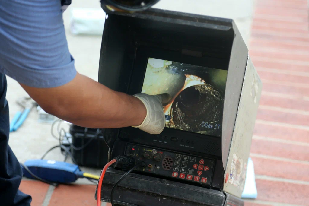 Technician viewing a drain inspection camera in Menifee