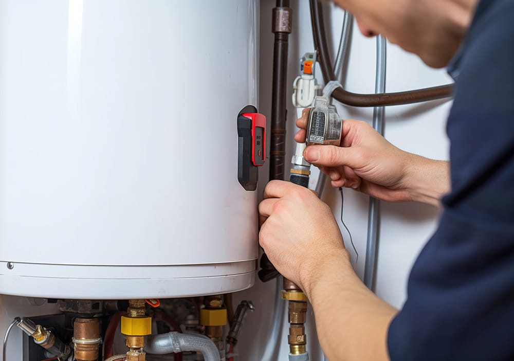 Technician repairing pipes connected to a water heater in Menifee